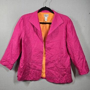 Chicos Jacket Womens Size 1 Pink Silk Embroidered Blazer Lined 3/4 Sleeve Bright